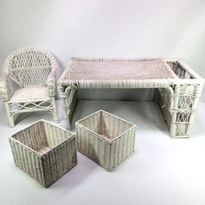 Miniature Wicker Doll Furniture Set with Chair, Sofa, Table & Baskets