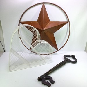Lot of Decorative Wall Dcor with Metal Star, Wire Basket and Cast Iron Key