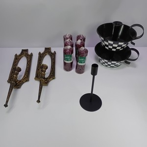 Lot of Home Dcor with Brass Wall Hooks, Candles, Candlestick & Mackenzie-Childs Mugs