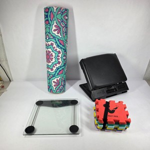 Lot of Exercise Equipment with Yoga Mat, Glass Scale & Step Platform