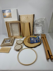 Lot of Wood Craft Supplies with Canvas Frames, Embroidery Hoops & Wood Slices