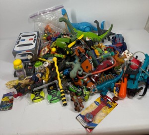 Lot of Assorted Action Figures, Dinosaurs, Vehicles & Toy Accessories