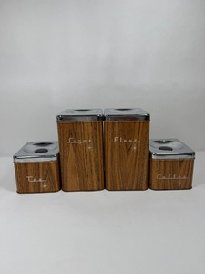Vintage Kitchen Canister Set. Metal with Woodgrain Finish