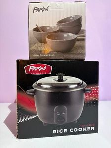 Parini Rice Cooker & Four Gray Ceramic Bowls New in Packaging