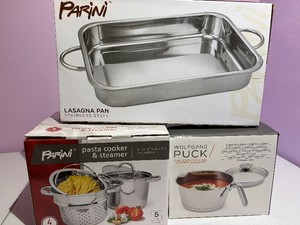 Parini Lasagna Pan, Pasta CookerSteamer & Wolfgang Puck Sauce Pan All New in Box