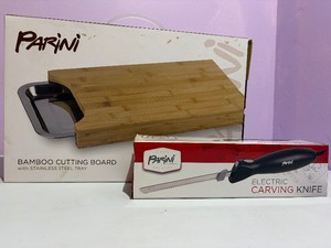 Parini Bamboo Cutting Board wStainless Tray & Electric Carving Knife New in Box