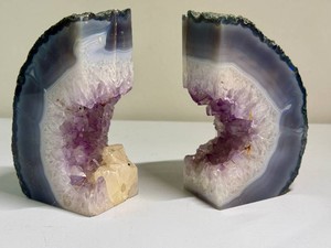 White Lace Agate Geode Bookends