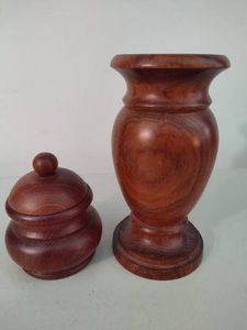 Vintage Carved Wood Vase and Pot with Lid