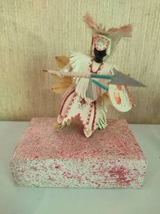 Signed Willard Menard Doll w Spear Sculpture on Wood Base