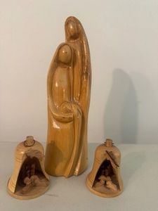 Vintage Hand Carved Jesus Mary and Joseph Figurine and Two Nativity Ornaments