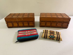 Two Vintage Wood Carved Boxes and Purse Size Wool Clutch and Kleenex Holder