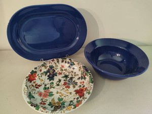 Blue Serving BowlsPlatter & Floral Metal Bowl