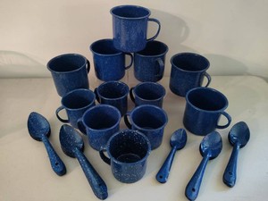 BlueWhite Speckled Enamelware Cups & Spoons