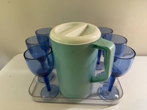 Plastic Goblets, Tray and Rubbermaid Pitcher