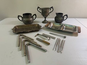 Vintage Silver Plated Creamer and Sugar Bowl, Nut Crackers, Trays and more