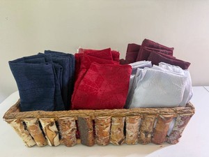 Assortment of Cloth Napkins and Birch Basket
