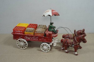 Vintage Coca-Cola Cast Iron Horse Drawn Delivery Wagon Toy