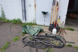 Assorted Outdoor Equipment - Tarp, Hose, Rakes, Loppers