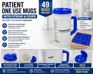 MSRP $500 NEW 49 PATIENT DRINKING MUGS WITH STRAW &amp LID, 700mL GRADUATED MEASUREMENT CUPS, HOSPITAL &amp HEALTHCARE SUPPLIES LABELED PRESBYTERIAN ETC