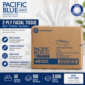 MSRP $120 NEW CASE OF 30 GEORGIA-PACIFIC PACIFIC BLUE SELECT 2-PLY FACIAL TISSUE BOXES, 3,000 TOTAL SHEETS, COMMERCIAL FLAT BOX TISSUES FOR OFFICES, CLINICS, DENTAL, HEALTHCARE, SCHOOLS, HOTELS, JANITORIAL &amp RESALE