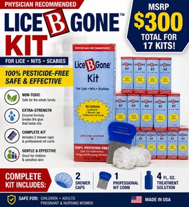 MSRP $300 NEW LOT OF 17 LICE B GONE LICE TREATMENT KITS, 100% PESTICIDE-FREE NON-TOXIC FORMULA FOR LICE, NITS &amp SCABIES, PROFESSIONAL NIT COMB, 2 SHOWER CAPS &amp 4 OZ TREATMENT PER KIT, GREAT FOR RESALE, CLINICS &amp SCHOOLS