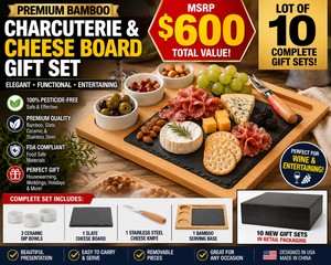 MSRP $600 NEW LOT OF 10 PREMIUM BAMBOO CHARCUTERIE &amp CHEESE BOARD GIFT SETS, SLATE SERVING BOARD, 3 CERAMIC DIP BOWLS &amp STAINLESS CHEESE KNIFE, PERFECT FOR WINE, ENTERTAINING, HOUSEWARMING &amp HOLIDAY GIFTS