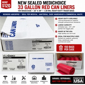 MSRP $120 NEW SEALED MEDICHOICE 33 GALLON RED CAN LINERS, 150 BAGSCASE, 33 X 39, 1.30 MIL HEAVY-DUTY TRASH BAGS, REORDER A6639PRO, IDEAL FOR MEDICAL, JANITORIAL, SHOP, WAREHOUSE &amp COMMERCIAL WASTE