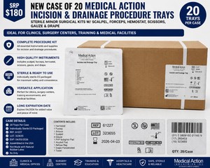 SRP $180 NEW CASE OF 20 MEDICAL ACTION INCISION &amp DRAINAGE PROCEDURE TRAYS, STERILE MINOR SURGICAL KITS W SCALPEL, FORCEPS, HEMOSTAT, SCISSORS, GAUZE &amp DRAPE, IDEAL FOR CLINICS, SURGERY CENTERS, TRAINING &amp MEDICAL FACILITIES, EXP 042026