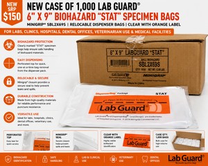 MSRP $150 NEW CASE OF 1,000 LABGUARD STAT 6 X 9 BIOHAZARD SPECIMEN TRANSPORT BAGS, 3-WALL ZIP RESEALABLE DISPENSER BAGS, LEAK-RESISTANT, LAB, HOSPITAL, CLINIC, PATHOLOGY, DIAGNOSTIC SAMPLE COLLECTION &amp TRANSPORT, SBL2X69S