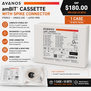 MSRP $180 NEW BOX OF 10 AVANOS AMBIT PAIN PUMP CASSETTES WSPIKE CONNECTOR, REF 220514, 2.3 mL ELASTOMERIC INFUSION CASSETTES FOR AMBIT PUMPS, ANESTHESIA, SURGERY &amp POST-OPERATIVE PAIN MANAGEMENT, EXP 032028