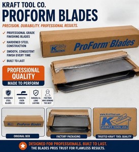 MSRP $120 NEW KRAFT TOOL PROFORM POWER TROWEL FINISHING BLADES (SET OF 4), CONTRACTOR-GRADE STEEL REPLACEMENT BLADES FOR CONCRETE, CEMENT &amp MASONRY FINISHING, FACTORY BOXED