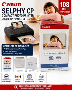NEW Canon SELPHY CP Color Ink &amp Paper Set KP-108IN - 108 Premium 4x6 Photo Sheets with 3 Genuine Color Ink Cartridges for SELPHY CP Compact Photo Printers - Factory Sealed