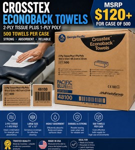 MSRP $120 NEW BOX OF 500 CROSSTEX ECONOBACK BLUE DENTAL PATIENT TOWELS, 19 X 13, 2-PLY TISSUE  1-PLY POLY MOISTURE BARRIER, DISPOSABLE FOR DENTAL, ORTHODONTIC, ENDODONTIC, ORAL SURGERY, HYGIENE &amp MEDICAL CLINICS