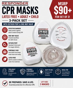 MSRP $90 NEW LOT OF 3 RESPONDER CPR POCKET RESCUE MASK KITS, LATEX-FREE ADULT &amp CHILD MASKS WITH OXYGEN PORT, ONE-WAY VALVE, HARD CARRY CASES, EMS, AED, FIRE, POLICE, MEDICAL &amp FIRST AID