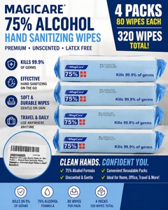 NEW MAGICARE 75% ALCOHOL SANITIZING WIPES, 4 LARGE 80-COUNT PACKS (320 TOTAL), UNSCENTED HAND WIPES, KILLS 99.9% OF GERMS, GREAT FOR TRAVEL, SCHOOLS, OFFICES, HEALTHCARE, CAMPING &amp EMERGENCY KITS, EXP 122026