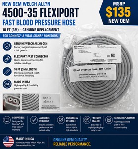 MSRP $135 NEW OEM WELCH ALLYN 4500-35 FLEXIPORT FAST BLOOD PRESSURE HOSE, 10 FT (3M), GENUINE REPLACEMENT FOR CONNEX &amp VITAL SIGNS MONITORS, FACTORY SEALED, MADE IN USA