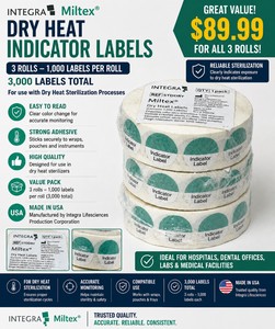 MSRP $90 NEW LOT OF 3 INTEGRA MILTEX DRY HEAT INDICATOR LABEL ROLLS, 3,000 TOTAL STERILIZATION LABELS, FOR DENTAL, MEDICAL, SPD, SURGICAL, VETERINARY &amp LABORATORY INSTRUMENT PROCESSING, MADE IN USA