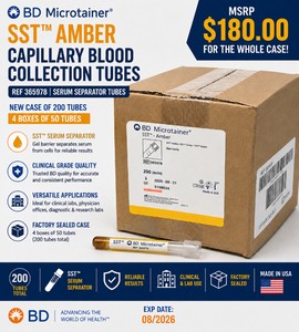 MSRP $180 NEW CASE OF 200 BD MICROTAINER� SST AMBER CAPILLARY BLOOD COLLECTION TUBES, REF 365978, 4 BOXES OF 50, SERUM SEPARATOR TUBES FOR CLINICAL, PHYSICIAN OFFICE, DIAGNOSTIC &amp RESEARCH LABS, EXP 082026