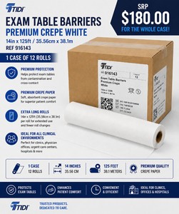 MSRP $180 NEW CASE OF 12 TIDI PREMIUM CREPE EXAM TABLE PAPER ROLLS, 14 X 125, WHITE EXAM TABLE BARRIERS, LATEX-FREE, IDEAL FOR MEDICAL, DENTAL, CHIROPRACTIC, PHYSICAL THERAPY, URGENT CARE &amp VETERINARY CLINICS
