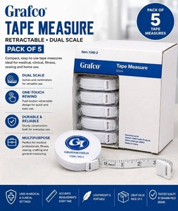 NEW LOT OF 5 GRAFCO 72 RETRACTABLE BODY MEASURING TAPES, DUAL INCHCM SCALE, PUSH-BUTTON CASE, IDEAL FOR MEDICAL, FITNESS, BARIATRIC, NUTRITION, PHYSICAL THERAPY, CLINICS, GYMS &amp HOME HEALTH
