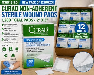 MSRP $120 NEW CASE OF 12 CURAD NON-ADHERENT STERILE WOUND DRESSING PADS, 2 X 3, 1,200 TOTAL PADS, LATEX-FREE COTTONPOLY BLEND, IDEAL FOR FIRST AID, CLINICS, MEDICAL, EMS, VETERINARY &amp EMERGENCY PREPAREDNESS