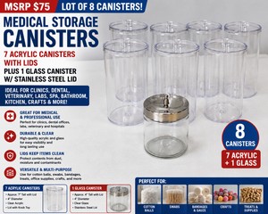 MSRP $75 LOT OF 8 MEDICAL STORAGE CANISTERS - 7 CLEAR ACRYLIC CANISTERS WITH LIDS PLUS 1 GLASS CANISTER WSTAINLESS STEEL LID, IDEAL FOR CLINICS, DENTAL, VETERINARY, LABS, COTTON BALLS, SWABS, BANDAGES, CRAFTS &amp HOME STORAGE