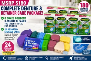 MSRP $180 NEW COMPLETE DENTURE &amp RETAINER CARE PACKAGE 6 BOXES POLIDENT 3-MINUTE CLEANER (180 TABLETS, EXP 082028) PLUS 24 ASSORTED STORAGE CASES FOR DENTURES, RETAINERS, ALIGNERS, NIGHT GUARDS &amp MOUTHGUARDS