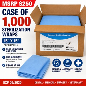 MSRP $250 NEW CASE OF 1,000 HUFRIEDYGROUP ECONOMY STERILIZATION WRAPS, 15 X 15, REF ESW-8915, 2 BAGS OF 500, BLUE NONWOVEN CSR WRAP FOR AUTOCLAVE, DENTAL, MEDICAL, SURGERY &amp VETERINARY, EXP 092030
