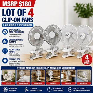 MSRP $180 LOT OF 4 CLIP-ON FANS, 2 AIR KING &amp 2 ASP MEDICAL, 6 PERSONAL DESKBED FANS, STRONG SPRING CLAMPS, ADJUSTABLE HEADS, GREAT FOR OFFICE, DORM, WORKSHOP, GARAGE, CAMPER &amp HOSPITAL USE, ALL EXCELLENT WORKING CONDITION