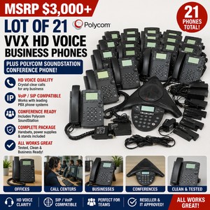 MSRP $3,000 LOT OF 21 POLYCOM VVX HD VOICE VoIP BUSINESS DESK PHONES W HANDSETS, POWER SUPPLIES &amp STANDS PLUS POLYCOM SOUNDSTATION CONFERENCE PHONE, OFFICE PBX, CALL CENTER, IT &amp RESELLER LOT - ALL WORKS GREAT &amp CLEAN