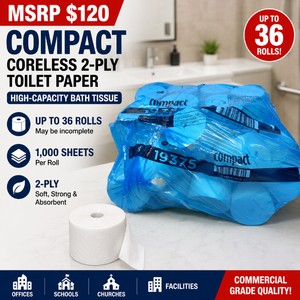 MSRP $120 OPENED COMPACT CORELESS 2-PLY HIGH-CAPACITY TOILET PAPER, MAY BE INCOMPLETE, UP TO 36 ROLLS, 1,000 SHEETS PER ROLL, COMMERCIAL JANITORIAL BATH TISSUE FOR OFFICES, SCHOOLS, CHURCHES &amp FACILITIES
