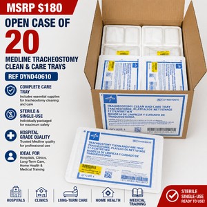 MSRP $180 OPEN CASE OF 20 NEW MEDLINE TRACHEOSTOMY CLEAN &amp CARE TRAYS, REF DYND40610, STERILE SINGLE-USE RESPIRATORY CARE KITS FOR HOSPITAL, CLINIC, LONG-TERM CARE, HOME HEALTH &amp MEDICAL TRAINING - OPEN BOX