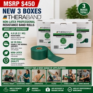 MSRP $450 NEW 3 BOXES THERABAND� NON-LATEX PROFESSIONAL RESISTANCE BAND ROLLS, GREEN LIGHT 4.6 LB (2.1 KG), 50 YD (DOUBLE THE NORMAL AMOUNT) EACH, FOR PHYSICALOCCUPATIONAL THERAPY, CHIROPRACTIC, PILATES, FITNESS, REHAB, SPORTS MEDICINE &amp EXERCISE