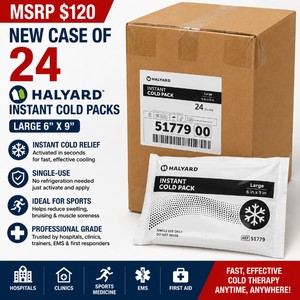 MSRP $120 NEW CASE OF 24 HALYARD LARGE INSTANT COLD PACKS, 6 X 9, SINGLE-USE ACTIVATED COLD COMPRESSES, IDEAL FOR HOSPITALS, CLINICS, SPORTS MEDICINE, ATHLETIC TRAINERS, EMS, FIRST AID &amp RESALE